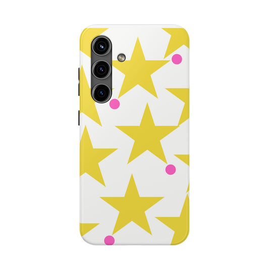 Yellow Star Pattern Tough Phone Case — Bright Retro Stars with Pink Dots, Protective Phone Cover