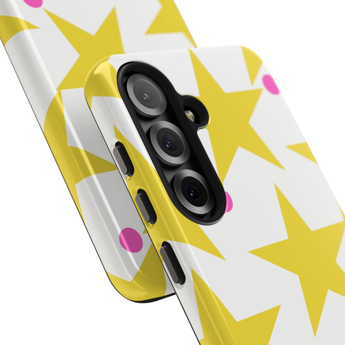 Yellow Star Pattern Tough Phone Case — Bright Retro Stars with Pink Dots, Protective Phone Cover