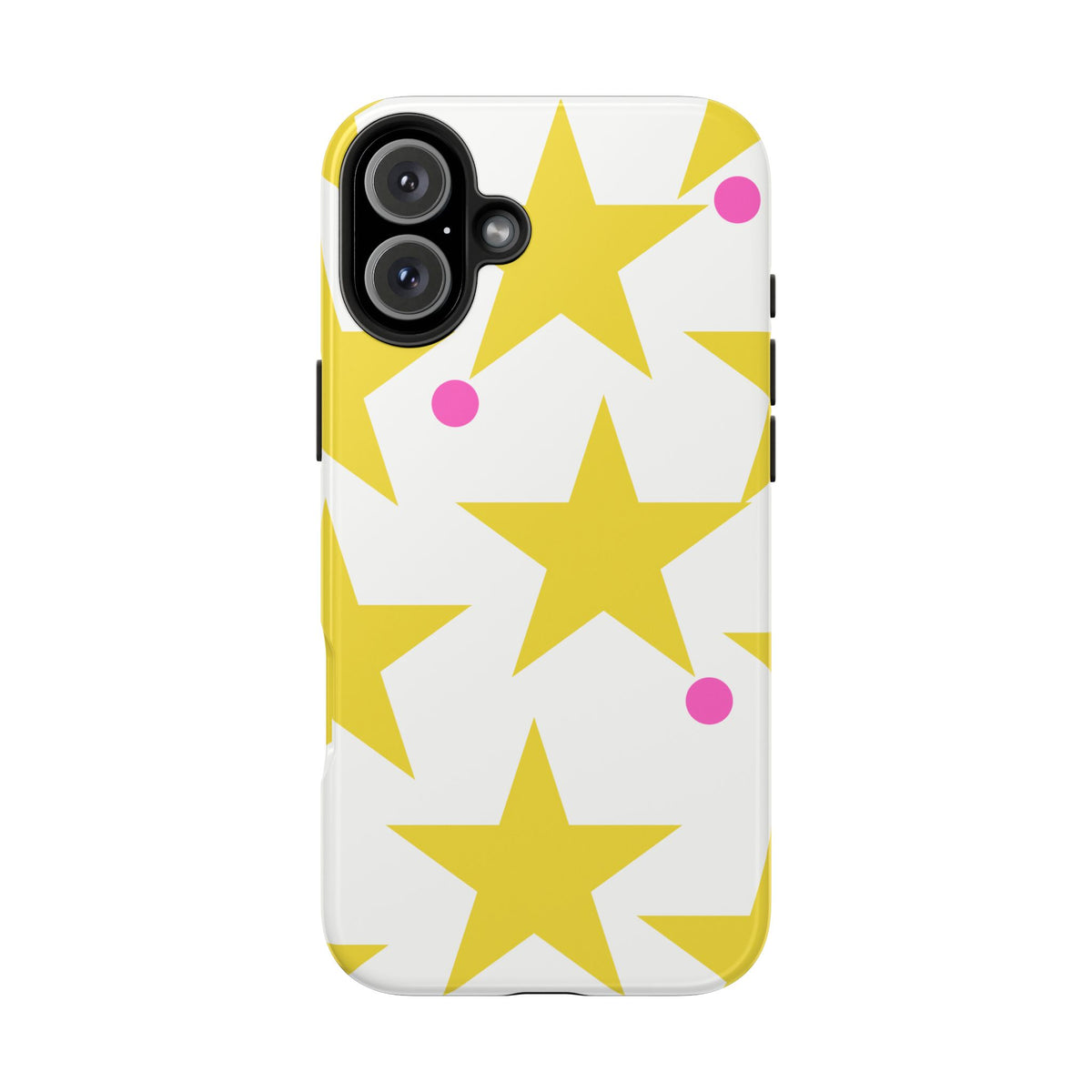 Yellow Star Pattern Tough Phone Case — Bright Retro Stars with Pink Dots, Protective Phone Cover