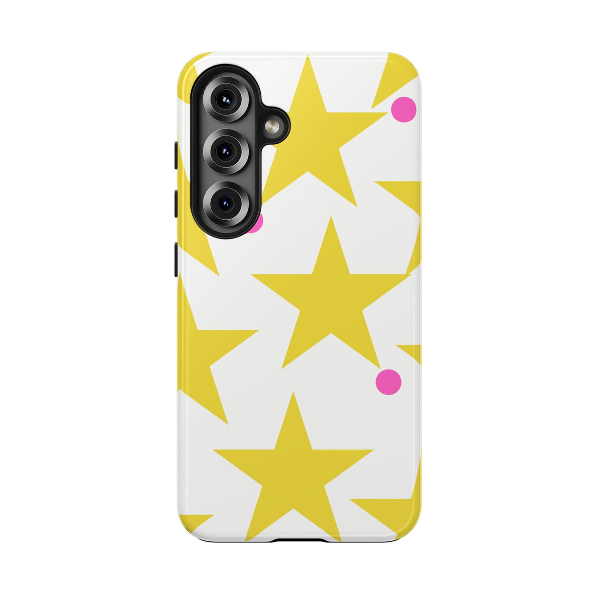 Yellow Star Pattern Tough Phone Case — Bright Retro Stars with Pink Dots, Protective Phone Cover