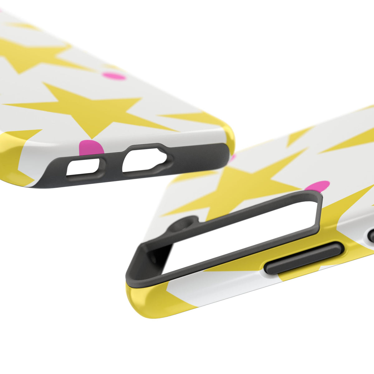 Yellow Star Pattern Tough Phone Case — Bright Retro Stars with Pink Dots, Protective Phone Cover