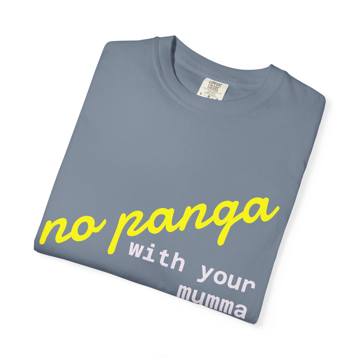 T-Shirt — "no panga" Script Tee (White, Casual Graphic)