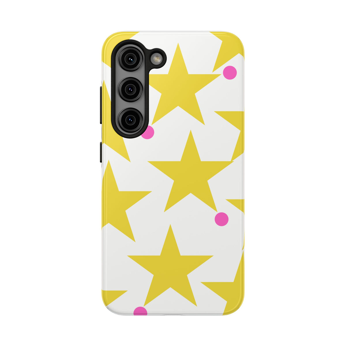 Yellow Star Pattern Tough Phone Case — Bright Retro Stars with Pink Dots, Protective Phone Cover
