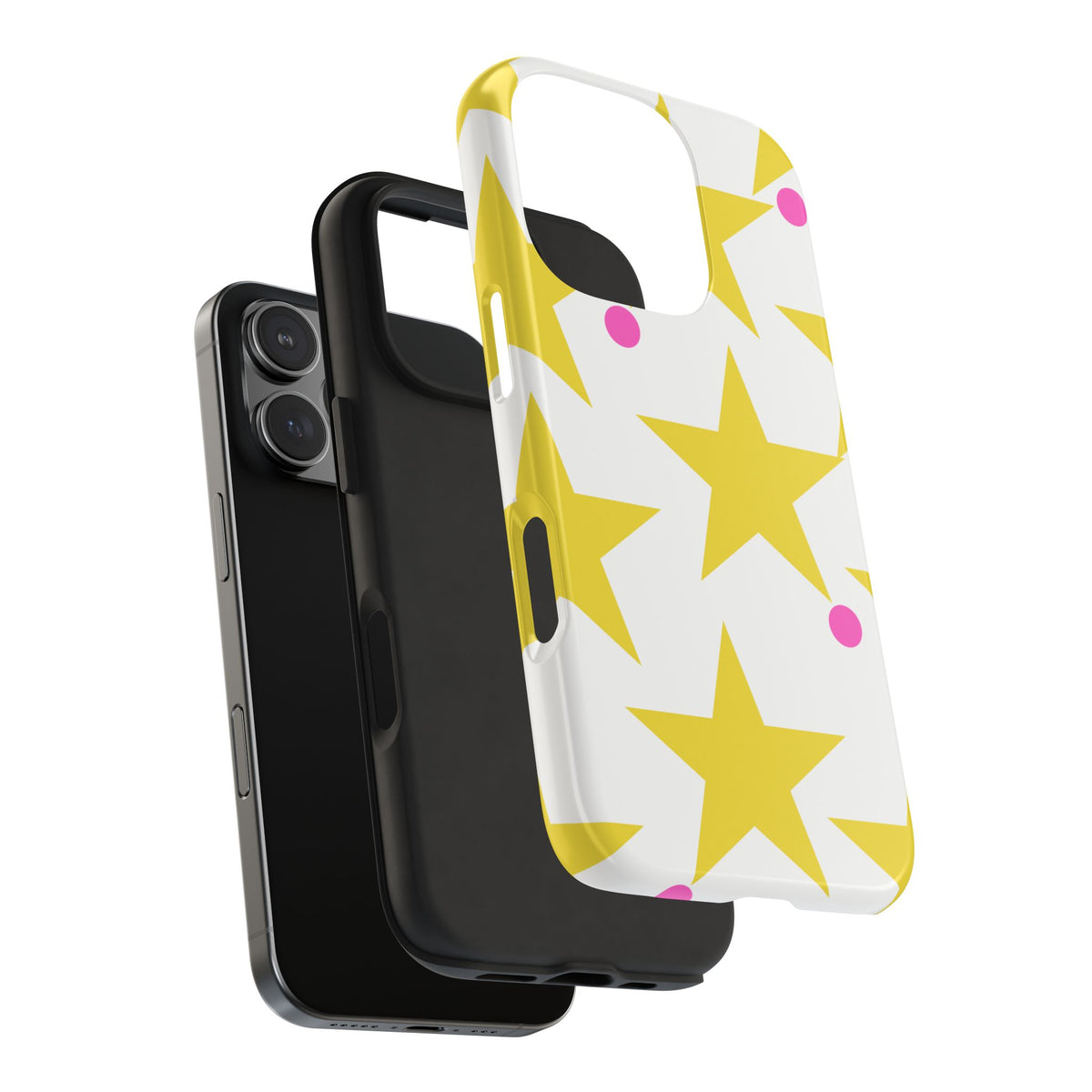 Yellow Star Pattern Tough Phone Case — Bright Retro Stars with Pink Dots, Protective Phone Cover
