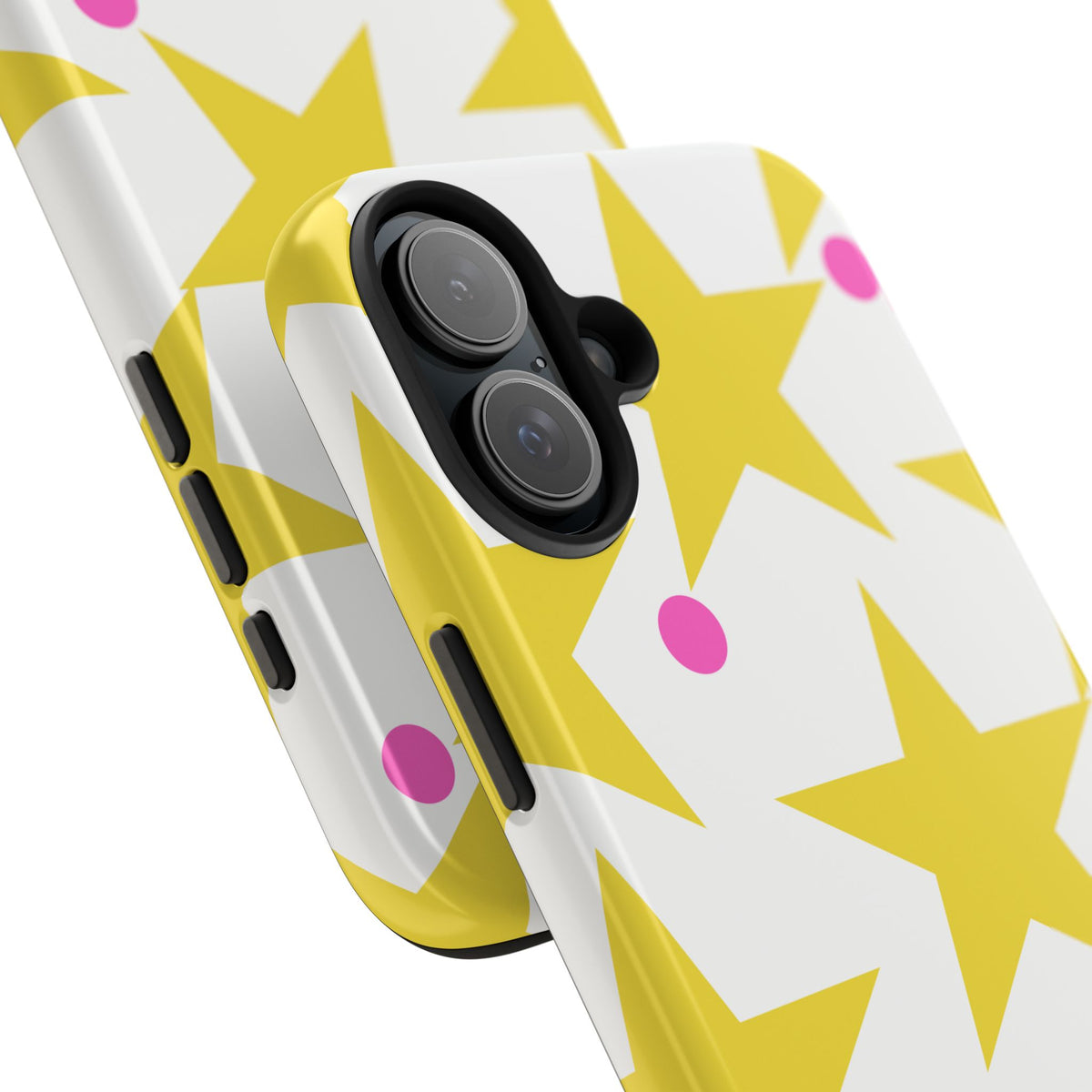 Yellow Star Pattern Tough Phone Case — Bright Retro Stars with Pink Dots, Protective Phone Cover