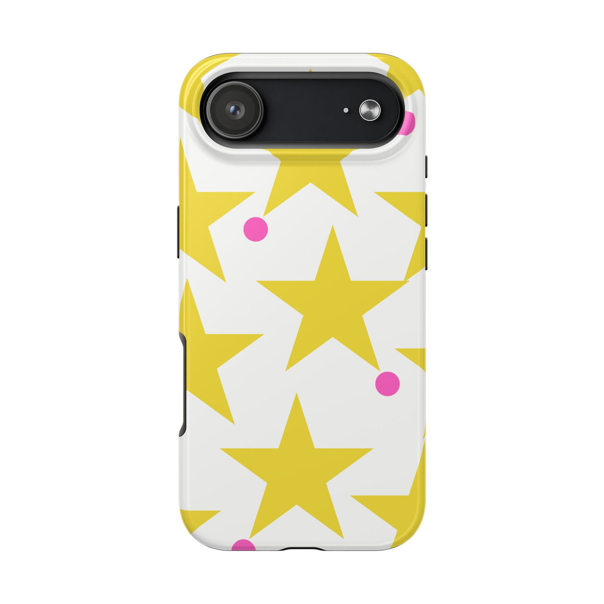 Yellow Star Pattern Tough Phone Case — Bright Retro Stars with Pink Dots, Protective Phone Cover