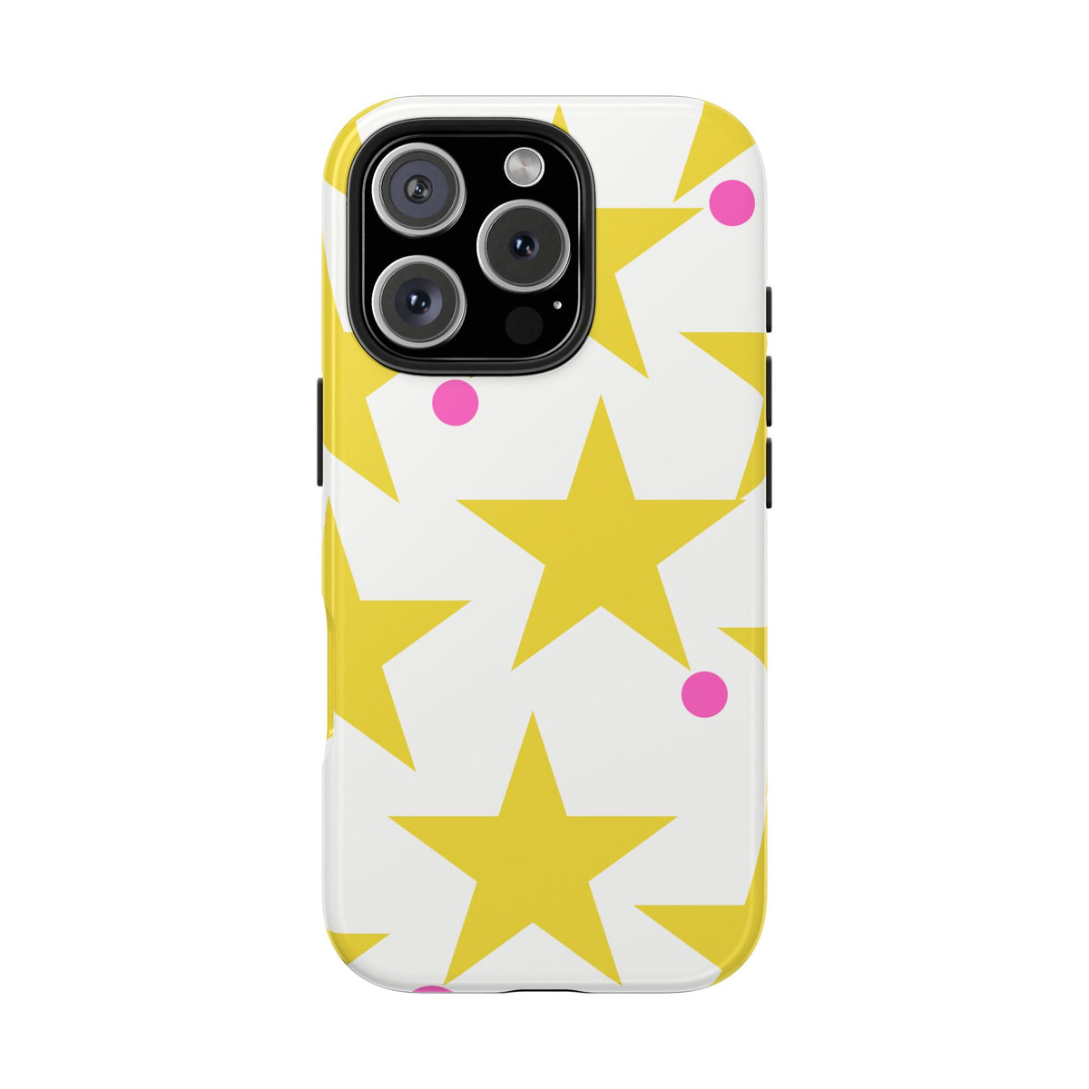 Yellow Star Pattern Tough Phone Case — Bright Retro Stars with Pink Dots, Protective Phone Cover