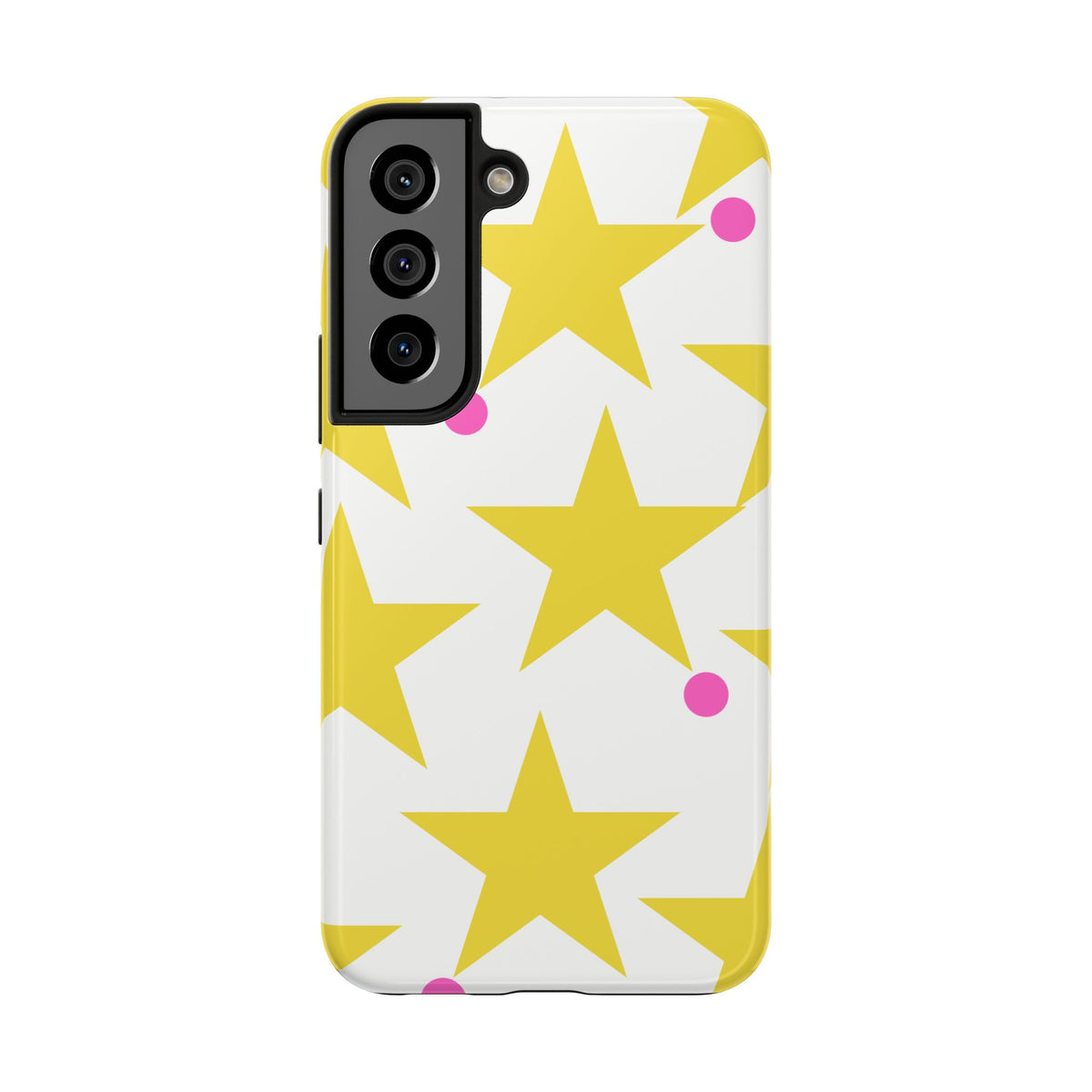 Yellow Star Pattern Tough Phone Case — Bright Retro Stars with Pink Dots, Protective Phone Cover