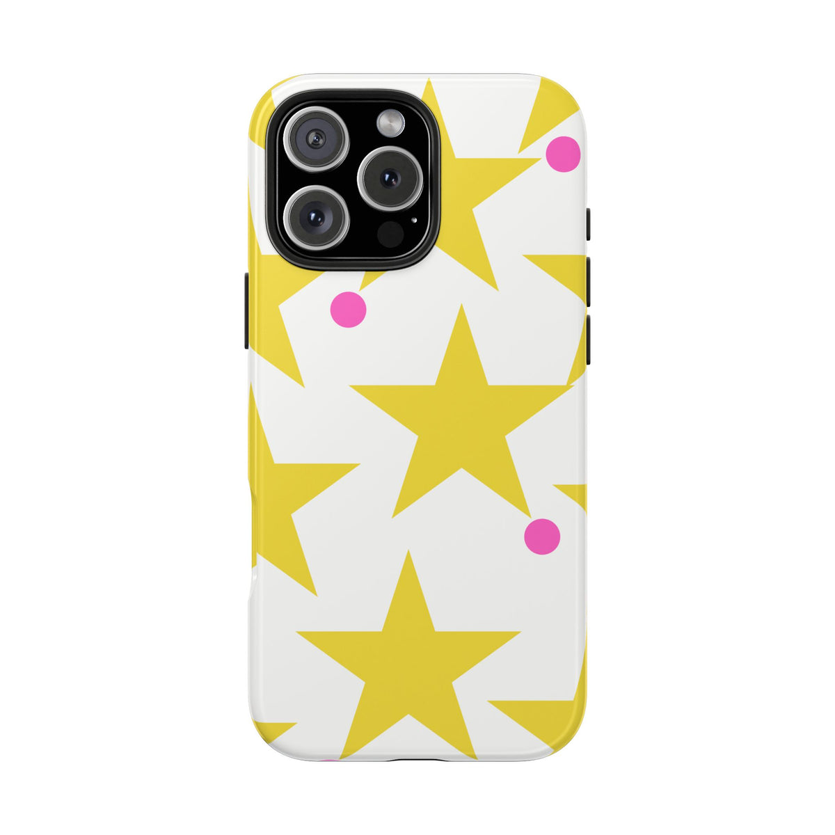 Yellow Star Pattern Tough Phone Case — Bright Retro Stars with Pink Dots, Protective Phone Cover