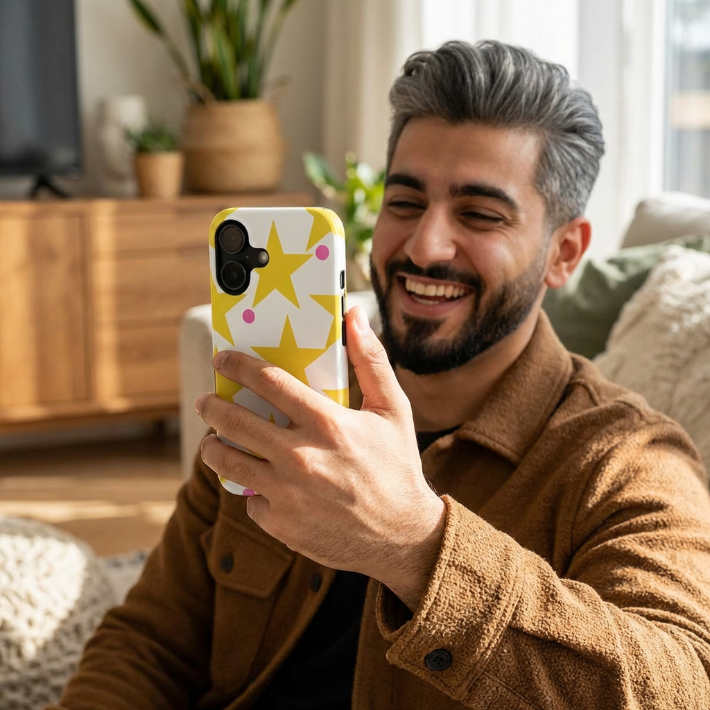 Yellow Star Pattern Tough Phone Case — Bright Retro Stars with Pink Dots, Protective Phone Cover
