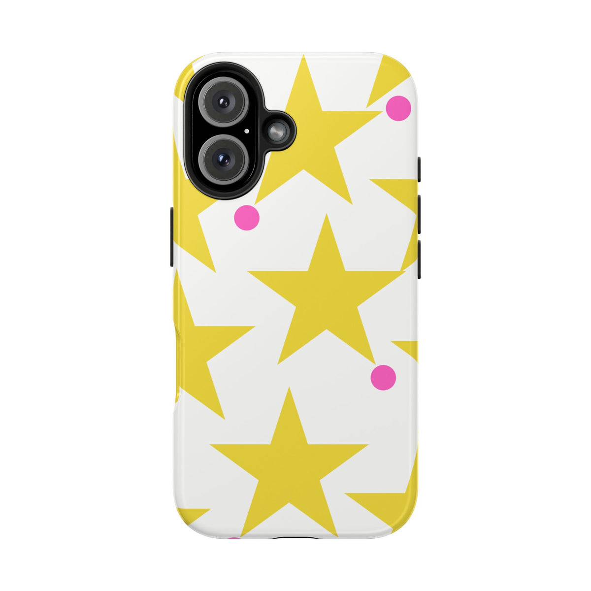 Yellow Star Pattern Tough Phone Case — Bright Retro Stars with Pink Dots, Protective Phone Cover