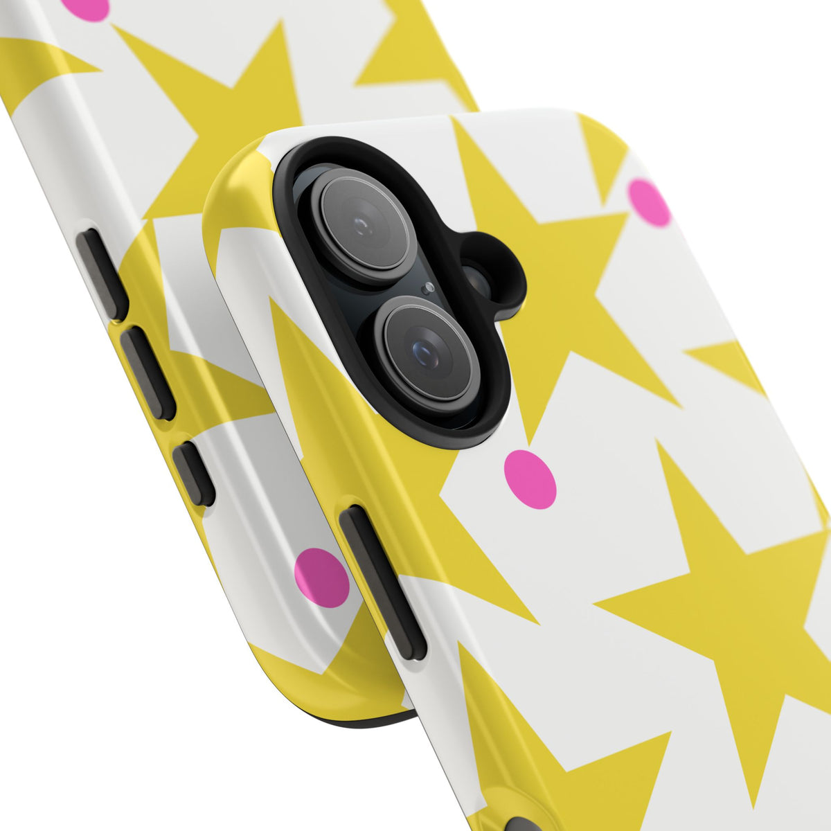 Yellow Star Pattern Tough Phone Case — Bright Retro Stars with Pink Dots, Protective Phone Cover