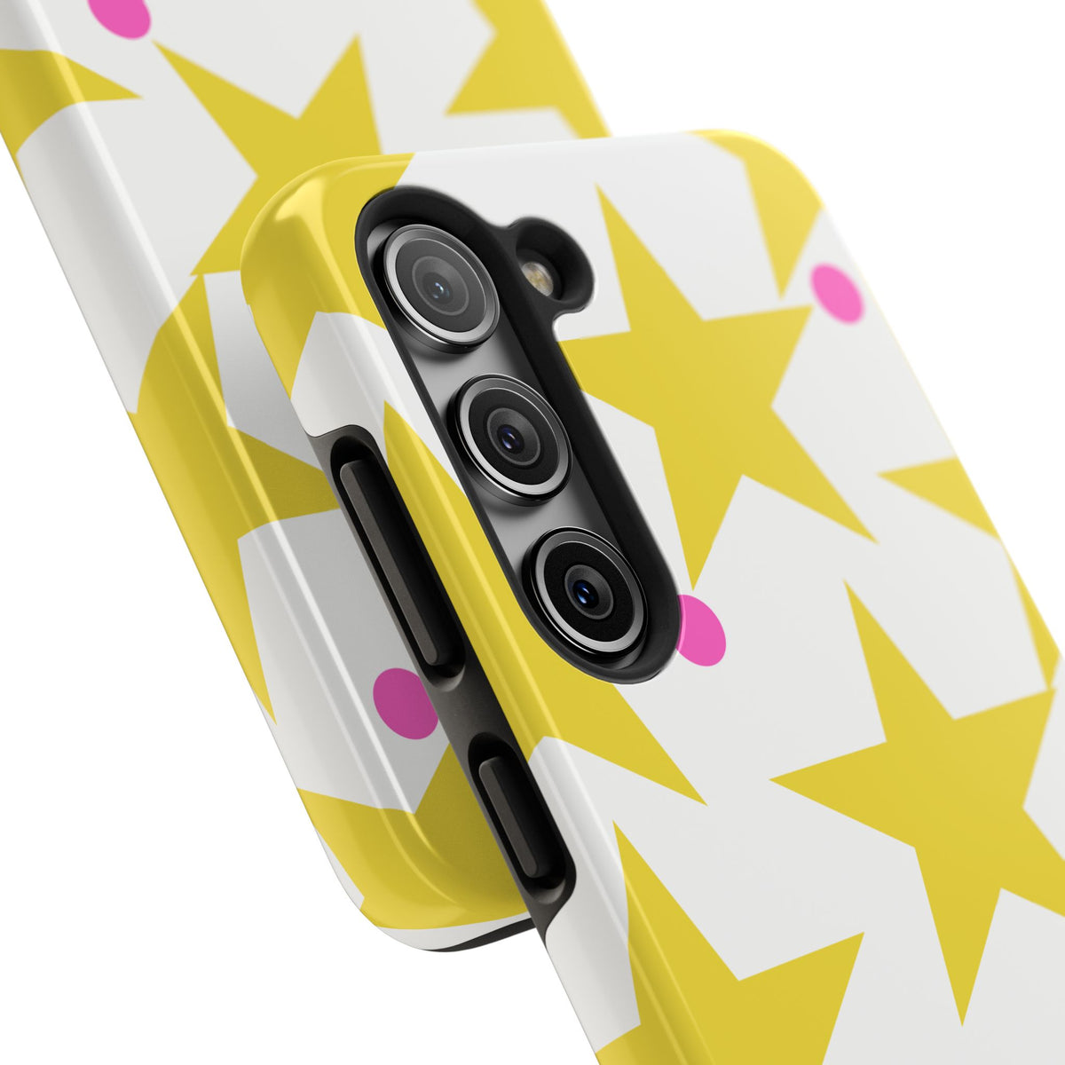 Yellow Star Pattern Tough Phone Case — Bright Retro Stars with Pink Dots, Protective Phone Cover