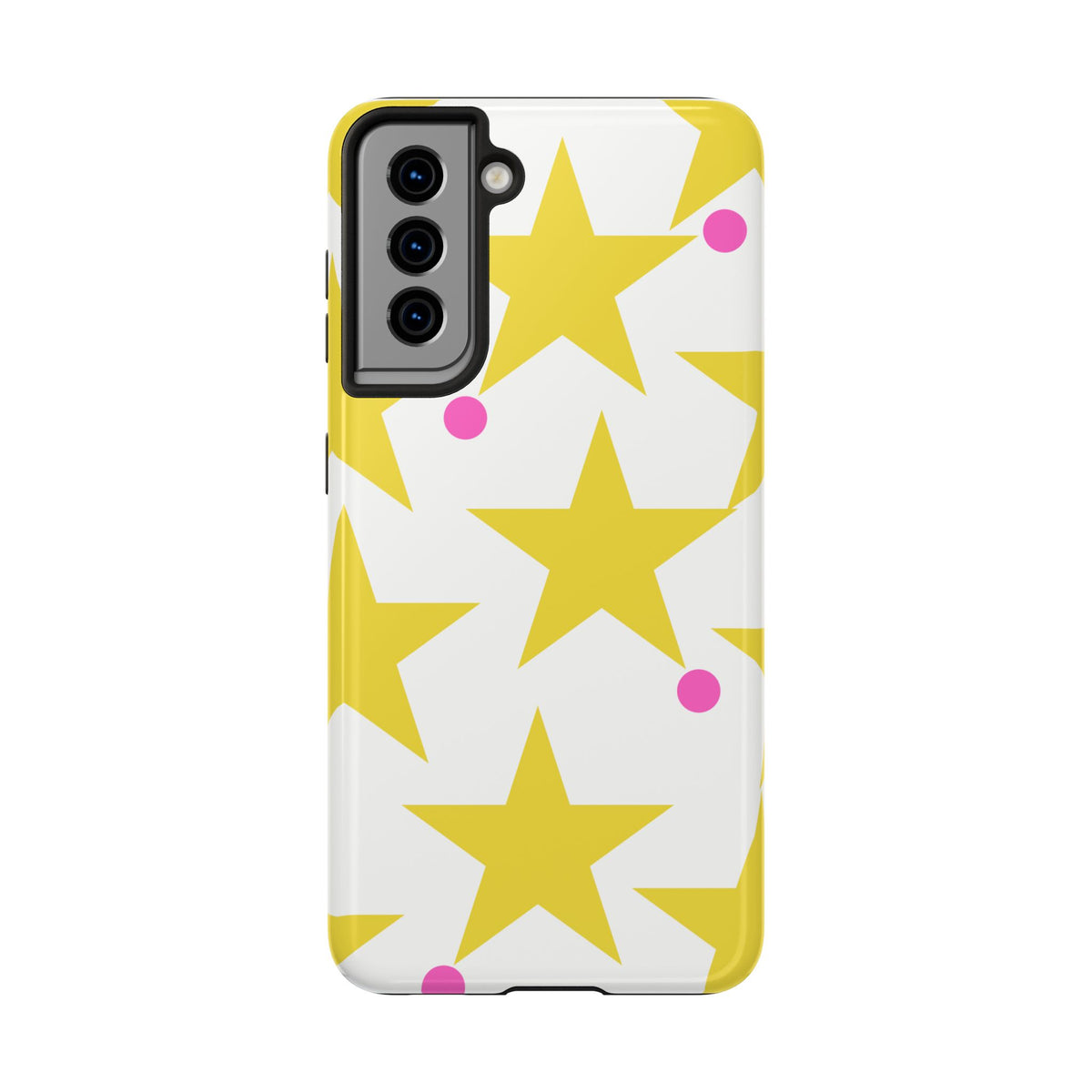 Yellow Star Pattern Tough Phone Case — Bright Retro Stars with Pink Dots, Protective Phone Cover