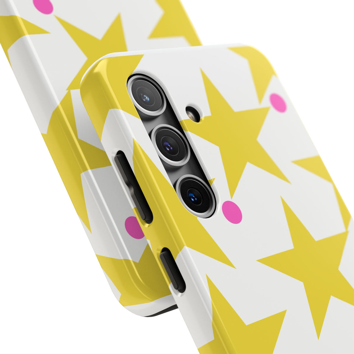 Yellow Star Pattern Tough Phone Case — Bright Retro Stars with Pink Dots, Protective Phone Cover