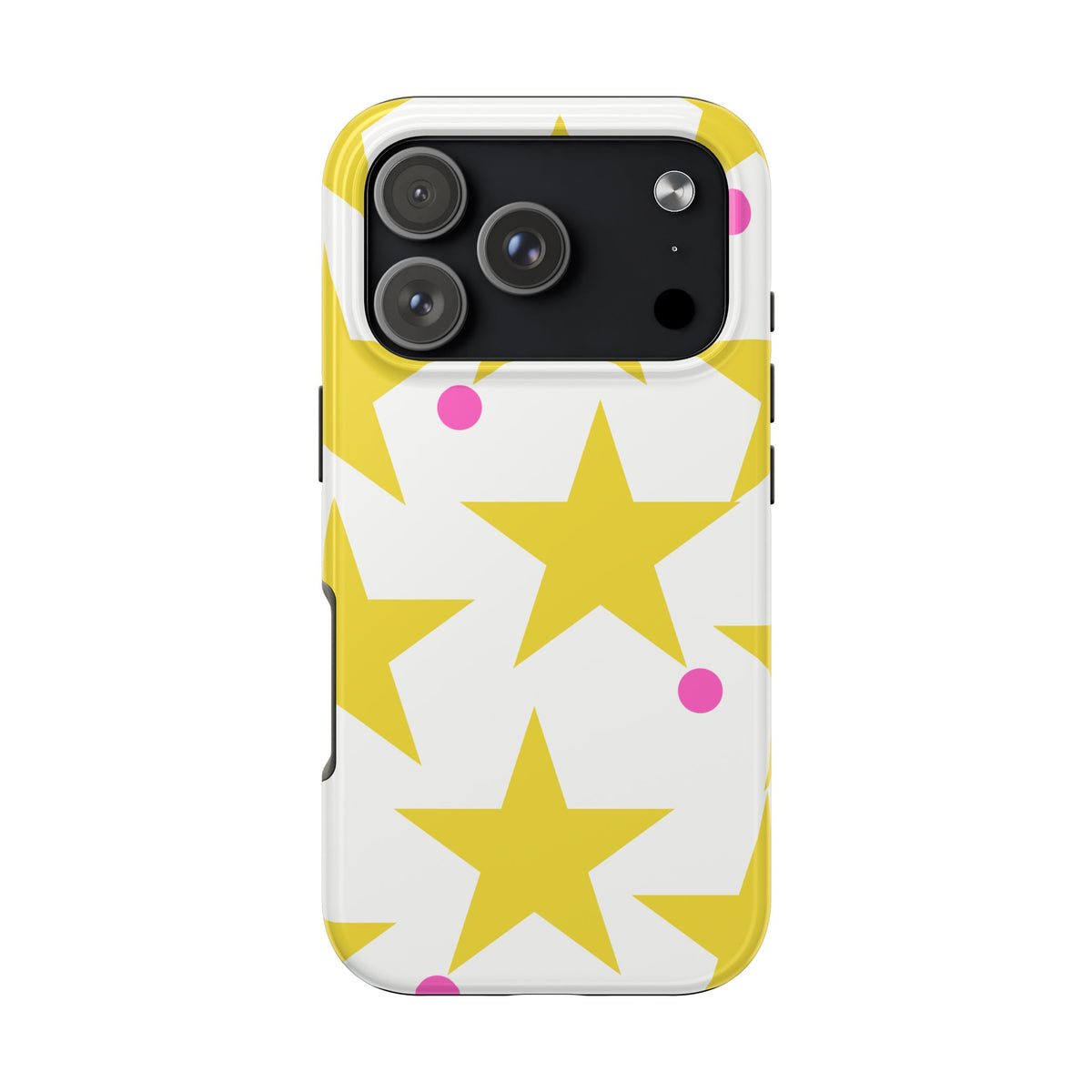 Yellow Star Pattern Tough Phone Case — Bright Retro Stars with Pink Dots, Protective Phone Cover