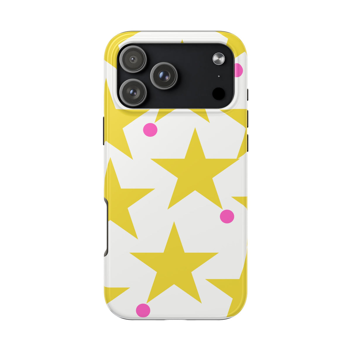 Yellow Star Pattern Tough Phone Case — Bright Retro Stars with Pink Dots, Protective Phone Cover