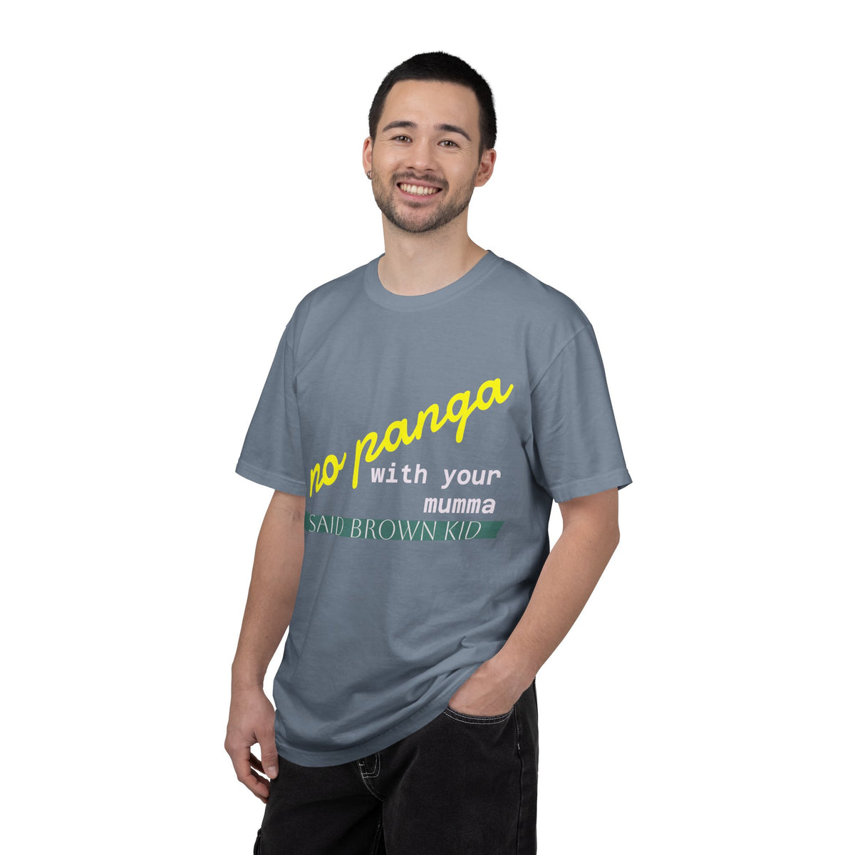 T-Shirt — "no panga" Script Tee (White, Casual Graphic)