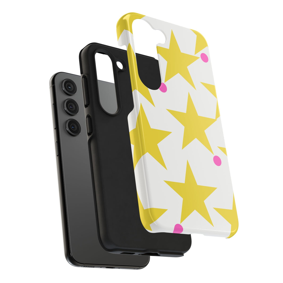 Yellow Star Pattern Tough Phone Case — Bright Retro Stars with Pink Dots, Protective Phone Cover