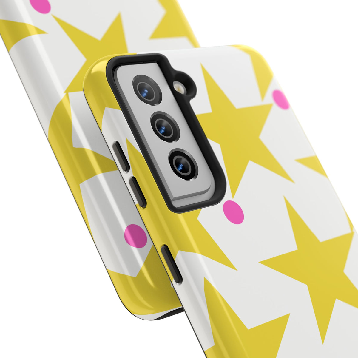 Yellow Star Pattern Tough Phone Case — Bright Retro Stars with Pink Dots, Protective Phone Cover
