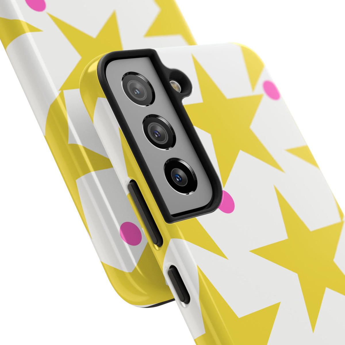Yellow Star Pattern Tough Phone Case — Bright Retro Stars with Pink Dots, Protective Phone Cover