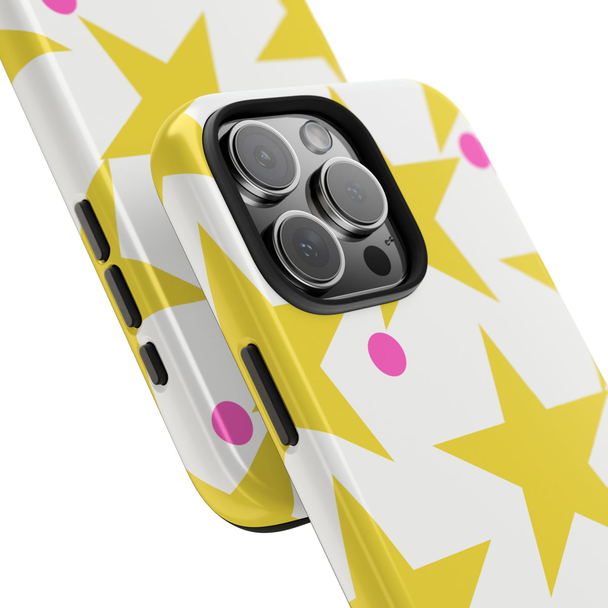 Yellow Star Pattern Tough Phone Case — Bright Retro Stars with Pink Dots, Protective Phone Cover