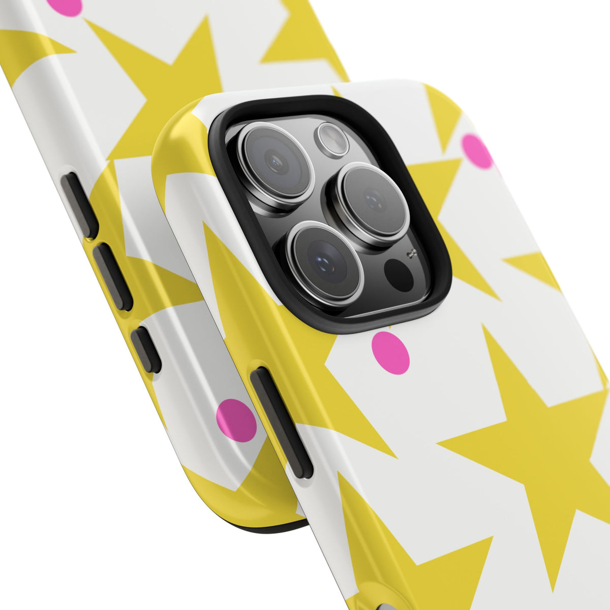 Yellow Star Pattern Tough Phone Case — Bright Retro Stars with Pink Dots, Protective Phone Cover