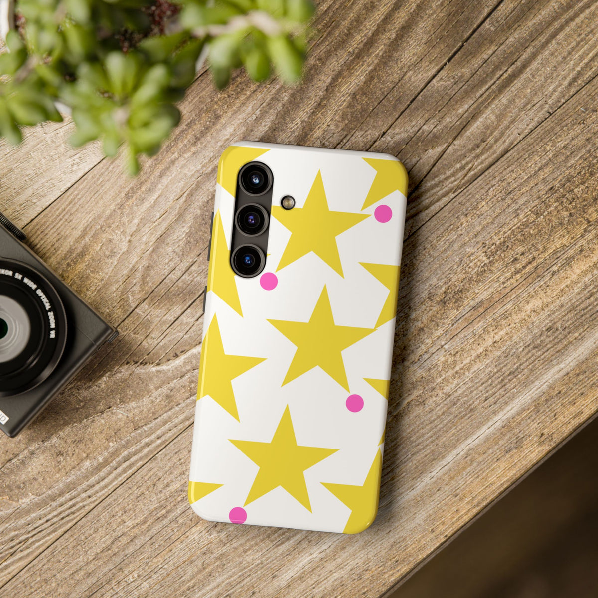 Yellow Star Pattern Tough Phone Case — Bright Retro Stars with Pink Dots, Protective Phone Cover